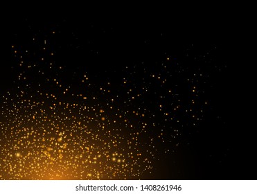 Sparkling golden magic star comet on black background. White sparks and stars glitter special light effect. Cosmic glittering wave. Christmas flash.