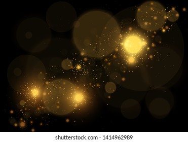 Sparkling golden magic star comet on black background. White sparks and stars glitter special light effect. Cosmic glittering wave. Christmas flash.