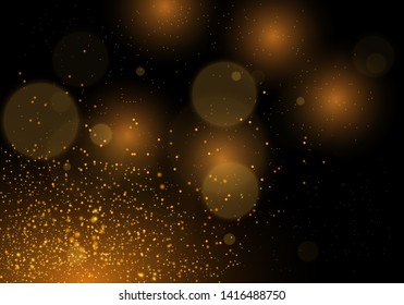 Sparkling golden magic star comet on black background. White sparks and stars glitter special light effect. Cosmic glittering wave. Christmas flash.