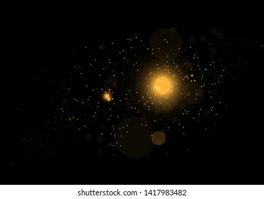 Sparkling golden magic star comet on black background. White sparks and stars glitter special light effect. Cosmic glittering wave. Christmas flash.