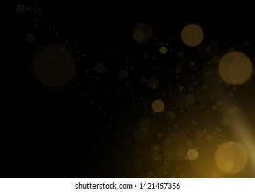 Sparkling golden magic star comet on black background. White sparks and stars glitter special light effect. Cosmic glittering wave. Christmas flash.