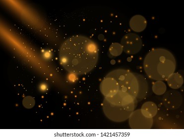 Sparkling golden magic star comet on black background. White sparks and stars glitter special light effect. Cosmic glittering wave. Christmas flash.