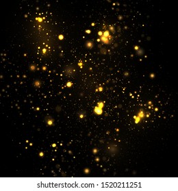 Sparkling golden magic star comet on black background. White sparks and stars glitter special light effect. Cosmic glittering wave. Christmas flash.
