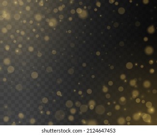 Sparkling golden magic stars on transparent background. Abstract magical light effect with gold glares bokeh. Flying blurred dust. Glowing lights defocused spark. Cloud of random blurry spots. Vector.