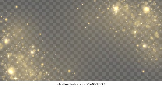 Sparkling golden magic yellow dust light bokeh. Glowing blur gold sparks. The dust sparkle and golden stars shine with special light. Magic abstract gold glare. Shining yellow particles. Vector