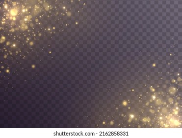 Sparkling golden magic yellow dust light bokeh. Glowing blur gold sparks. The dust sparkle and golden stars shine with special light. Magic abstract gold glare. Shining yellow particles. Vector