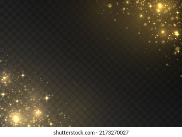 Sparkling golden magic yellow dust light bokeh. Glowing blur gold sparks. The dust sparkle and golden stars shine with special light. Magic abstract gold glare. Shining yellow particles. Vector