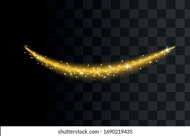 Sparkling, golden, magical vector waves with pieces of gold. Light effect. Shiny spiral lines on a transparent background.