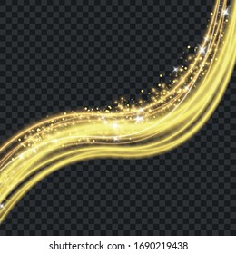 Sparkling, golden, magical vector waves with pieces of gold. Light effect. Shiny spiral lines on a transparent background.