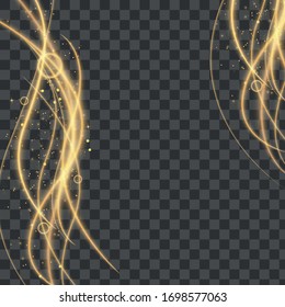 Olas vectoriales espumosas, doradas y mágicas con trozos de oro. Efecto ligero. Luminosas líneas de espiral sobre un fondo transparente.