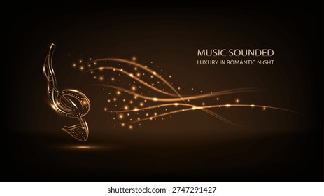 A sparkling golden musical note trails with glittering particles on a luxurious black background, overlaid with 