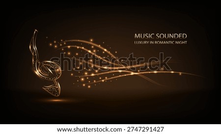 A sparkling golden musical note trails with glittering particles on a luxurious black background, overlaid with "MUSIC SOUNDED" and "LUXURY ROMANTIC NIGHT" text, suggesting elegance and melody.