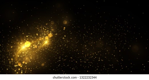 Sparkling golden particles explosion on dark. Glowing light effect abstract magical background.