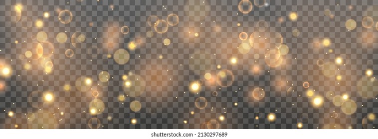 Sparkling golden particles, glowing bokeh lights isolated on transparent background.
Light effect png, blurred bokeh. Magic glow concept. Abstract background with bokeh effect. Vector illustration.