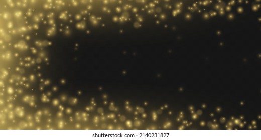 Sparkling golden particles, glowing bokeh lights isolated on transparent background. Magic shining gold defocused dust. Christmas glowing warm yellow glitter element. Abstract blurred light. Vector.
