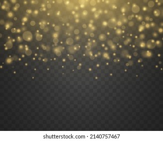 Sparkling golden particles, glowing bokeh lights isolated on transparent background. Magic shining gold defocused dust. Christmas glowing warm yellow glitter element. Abstract blurred light. Vector.
