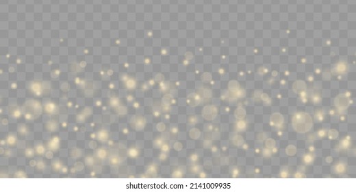 Sparkling golden particles, glowing bokeh lights isolated on transparent background. Magic shining gold defocused dust. Christmas glowing warm yellow glitter element. Abstract blurred light. Vector.