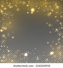Sparkling golden particles, glowing bokeh lights isolated on transparent background. Magic shining gold defocused dust. Christmas glowing warm yellow glitter element. Abstract blurred light. Vector.
