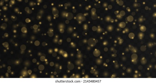 Sparkling golden particles, glowing bokeh lights isolated on transparent background. Magic shining gold defocused dust. Christmas glowing warm yellow glitter element. Abstract blurred light. Vector.