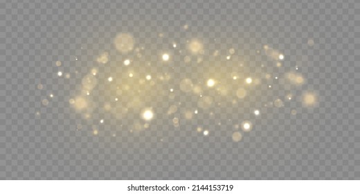 Sparkling golden particles, glowing bokeh lights isolated on transparent background. Magic shining gold defocused dust. Christmas glowing warm yellow glitter element. Abstract blurred light. Vector.