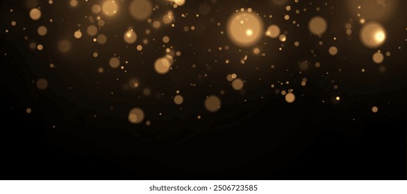 Sparkling golden particles, glowing lights bokeh, Christmas background isolated on dark transparent background.	
