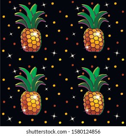 Sparkling golden pineapples with sparkles and sequins on a black background - vector seamless pattern. Bright rich shining background with pineapples.