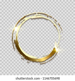 Sparkling golden ring frame made on brush stroke isolated on transparent background. Vector design element.