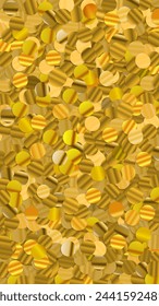 Lentejuelas De Oro Brillantes, Primer Plano De Fondo Festivo Vertical. Patrón brillante realista del brillo, fondo amarillo para el banner del día de fiesta y del partido, diseño del vector