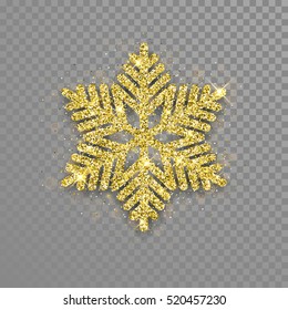 Sparkling golden snowflake with glitter texture for Christmas, New Year greeting card. Vector transparent background with isolated winter snowflake.