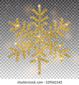 Sparkling golden snowflake with glitter texture for Christmas, New Year greeting card. Vector black background with isolated winter snowflake