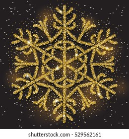 Sparkling golden snowflake with glitter texture for Christmas, New Year greeting card. Vector black background with isolated winter snowflake