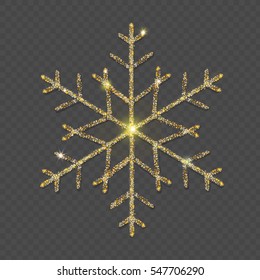 Sparkling golden snowflake with glitter texture on vector transparent background. Christmas, New Year glamorous greeting card or banner