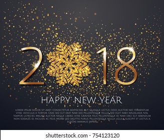 Sparkling golden snowflake with glitter texture for Christmas, Happy New Year 2018 greeting card. Vector stock background with isolated winter snowflake. 