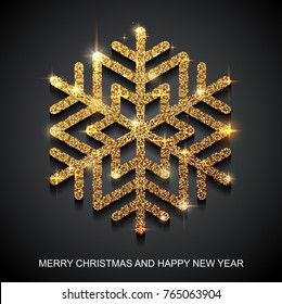 Sparkling golden snowflake with glitter texture for Christmas, New Year greeting card. Vector black background with isolated winter snowflake