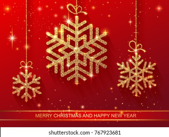Sparkling golden snowflake with glitter texture for Christmas, New Year and Merry Christmas greeting card. Vector black background with isolated winter snowflakes