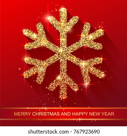 Sparkling golden snowflake with glitter texture for Christmas, New Year and Merry Christmas greeting card. Vector black background with isolated winter snowflakes
