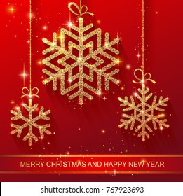 Sparkling golden snowflake with glitter texture for Christmas, New Year and Merry Christmas greeting card. Vector black background with isolated winter snowflakes