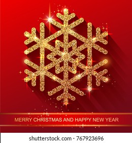 Sparkling golden snowflake with glitter texture for Christmas, New Year and Merry Christmas greeting card. Vector black background with isolated winter snowflakes