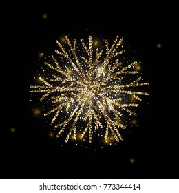 Sparkling golden snowflake with glitter texture for Christmas, New Year greeting card. Vector black background with isolated winter snowflake