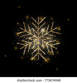 Sparkling golden snowflake with glitter texture for Christmas, New Year greeting card. Vector black background with isolated winter snowflake