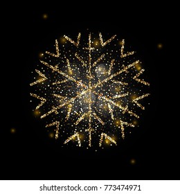 Sparkling golden snowflake with glitter texture for Christmas, New Year greeting card. Vector black background with isolated winter snowflake