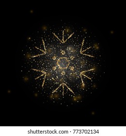 Sparkling golden snowflake with glitter texture for Christmas, New Year greeting card. Vector black background with isolated winter snowflake