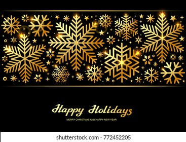 Sparkling golden snowflakes  with glitter texture for Christmas, New Year and Merry Christmas greeting card. Vector black background with isolated winter snowflakes