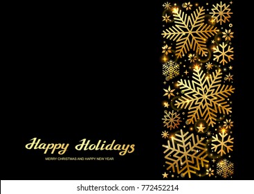 Sparkling golden snowflakes  with glitter texture for Christmas, New Year and Merry Christmas greeting card. Vector black background with isolated winter snowflakes