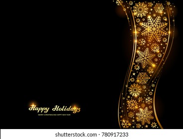 Sparkling golden snowflakes with glitter texture for Christmas, New Year and Merry Christmas greeting card. Vector black background with isolated winter snowflakes