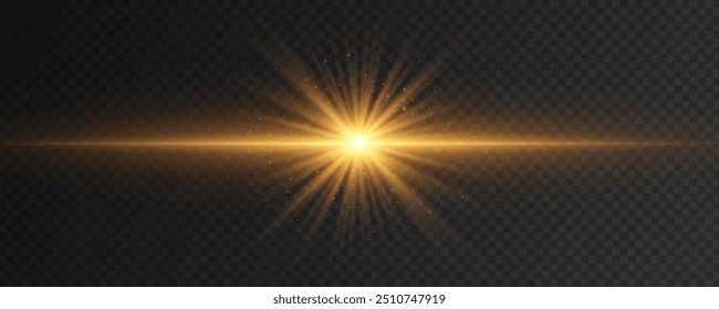 Sparkling golden star with horizontal light effect isolated on a dark transparent background. Gold flash with dynamic rays and flying glowing particles. Vector illustration.