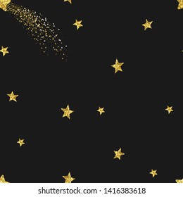 Sparkling golden stars seamless pattern. Glittering comet with shiny tail in dark sky. Magical constellation on black background. Christmas banner, wrapping paper, wallpaper, textile design