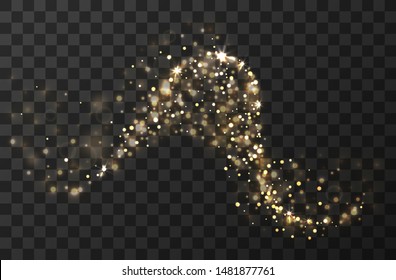 Sparkling golden wave. Dynamic light effect. Wavy shiny path or trail