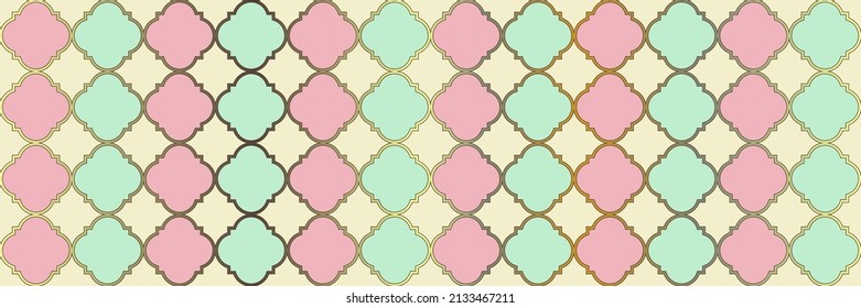 funkelndes Farbmuster Vintage Geo Hijri. Eleganter, nahtloser arabischer Rahmen. Quatrefolien-marokkanische Ethnische Tesselung. Geometrisches Trellis-Tile. Cool Eastern Texture. Noble Arabesque Mosaik.