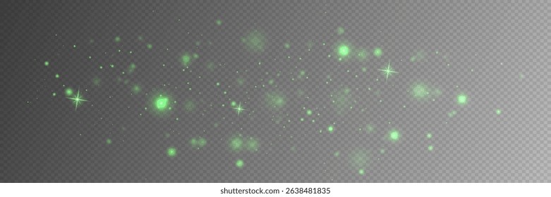 Sparkling green dust particles. Light effect of glare and stars. On transparent background. Vector EPS 10.